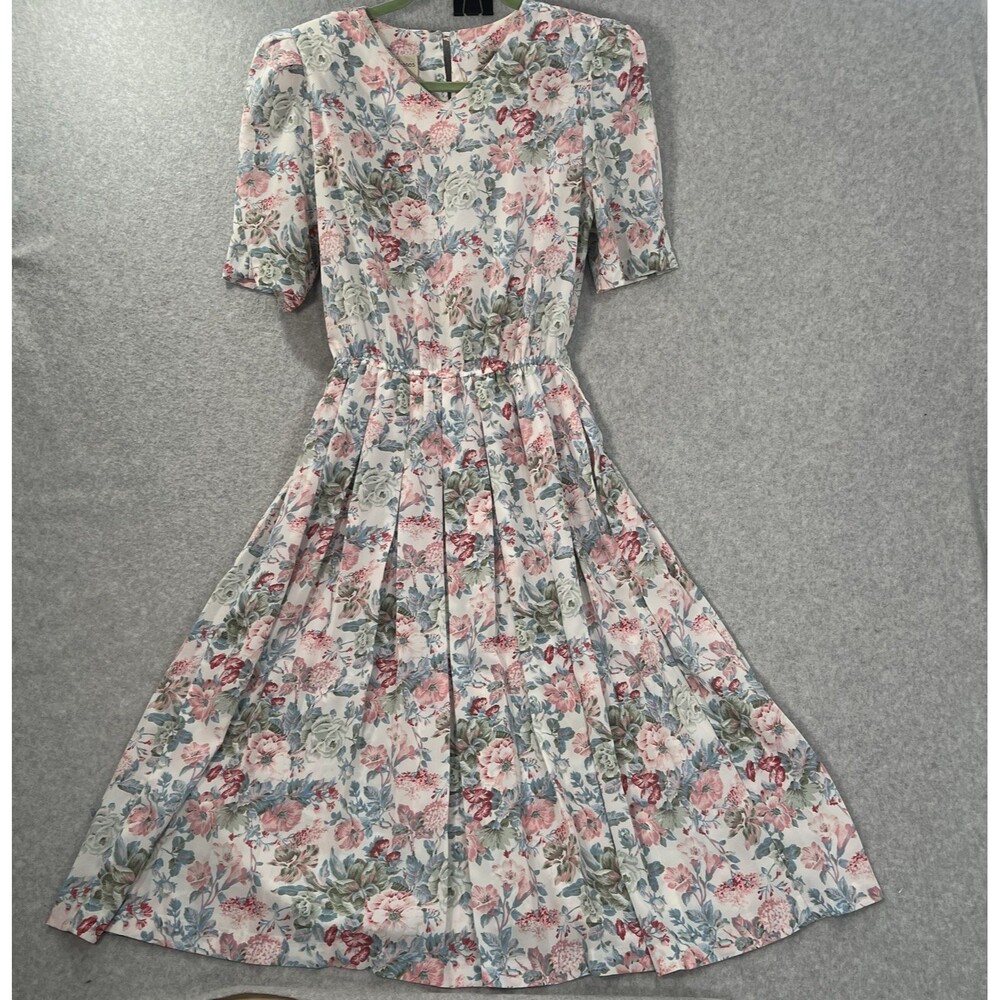 Vintage 80s Pellini Petites Pink floral print pleated a-line dress 7/8P cottage